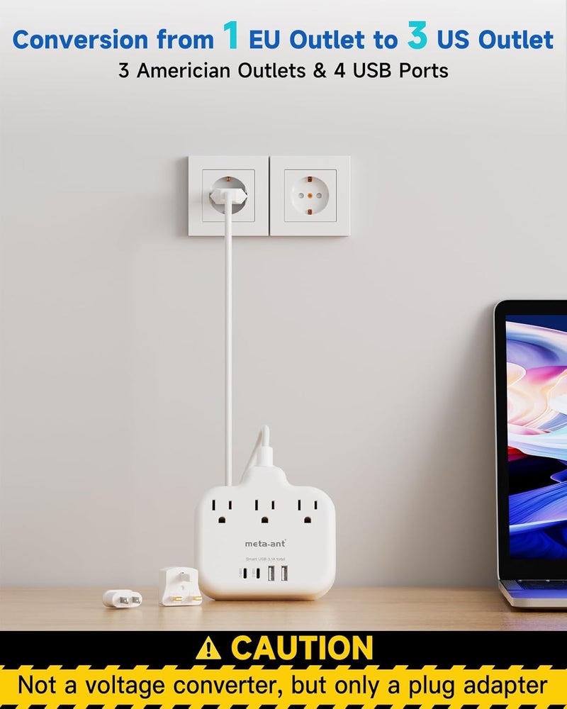 meta-ant European Travel Plug Adapter, International Power Adapter, US to UK Europe Power Strip for EU/UK/US with 3 AC Outlets & 4 USB(2 USBC), 5ft Extension Cord, Type C for EU UK Europe Germany France, White - Image 4
